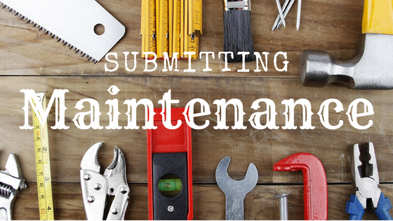 Tools laid out on a table with the words "Submitting Maintenance" overlaid